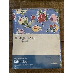 Mainstays Home Blue Floral Vinyl Flannel Back Tablecloth 60in X 84in NOS